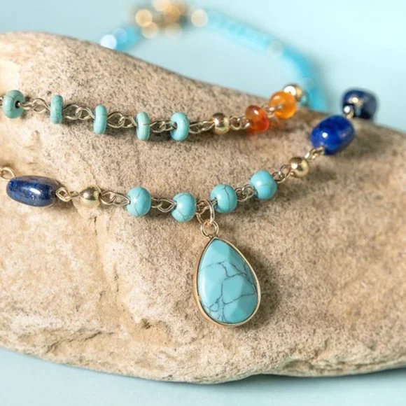 NWT Dylan Arden Blue Turquoise Stone Natural Crystal Beaded Layered Necklace - Picture 3 of 4